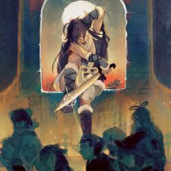 1boy aged_down child closed_eyes earrings highres holding holding_sword holding_weapon hoop_earrings jewelry long_hair magi_the_labyrinth_of_magic male_focus purple_hair second-party_source shirt sinbad_(magi) sitting sword weapon zlsmr