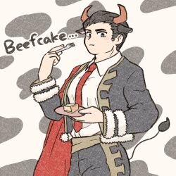 1boy animal_ears black_hair black_jacket black_pants cape capote_(e.g.o) collared_shirt cow_boy cow_ears cow_tail e.g.o_(project_moon) eating food fork fur-trimmed_sleeves fur_trim green_eyes highres holding holding_fork holding_plate horns jacket limbus_company long_sleeves looking_at_viewer male_focus matador meursault_(project_moon) necktie pants pie plate project_moon red_cape red_necktie shirt short_hair simple_background solo standing tail teryaa125 upper_body white_background white_shirt