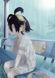 1boy bag bench black_hair crossed_bangs from_side hair_between_eyes hairband highres japanese_clothes kieran_(pokemon) male_focus mole mole_on_neck multicolored_hair nintendo nipples open_clothes outdoors pokemon pokemon_sv profile purple_hair rain sa_wyfy3732 short_sleeves sitting solo wet wet_clothes yellow_bag yellow_eyes yellow_hairband