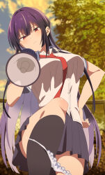 1girl absurdres anime_screenshot between_breasts black_skirt black_socks bow bow_panties breasts collared_shirt colored_inner_hair female_focus hair_ribbon haite_kudasai_takamine-san hand_on_own_hip highres holding holding_megaphone kneehighs long_hair megaphone multicolored_hair necktie necktie_between_breasts open_mouth outdoors panties panty_pull pleated_skirt purple_hair red_eyes red_necktie ribbon school_uniform shirt short_sleeves skirt smile socks solo stitched takamine_takane teeth third-party_edit underwear upper_teeth_only very_long_hair white_panties white_ribbon white_shirt