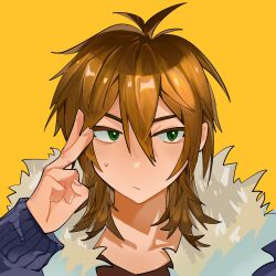 Rule 34 | 1boy, :/, blue jacket, brown hair, brown shirt, chinese commentary, closed mouth, collarbone, commentary request, eyes visible through hair, fur-trimmed jacket, fur trim, green eyes, hair between eyes, highres, isoi reiji, jacket, long bangs, long sleeves, male focus, medium hair, molinmolin68997, portrait, saibou shinkyoku, salute, shirt, sideways glance, simple background, solo, sweat, two-finger salute, variant set, yellow background
