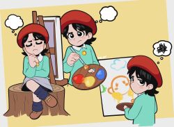 Rule 34 | 1girl, adeleine, beret, black hair, blush stickers, closed eyes, crossed legs, delatoid, doodle, easel, frown, full body, hat, holding, holding paintbrush, kirby (series), looking at viewer, multiple views, nintendo, paint palette, paintbrush, painting (action), pout, shoes, short hair, sitting, skirt, smock, socks, solo, speech bubble, squiggle, sweatdrop, thought bubble, tree stump, upper body, yellow background