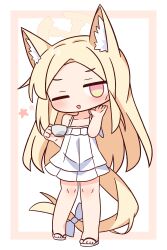 1girl ;d absurdres animal_ear_fluff animal_ears bare_arms bare_shoulders blonde_hair blue_archive blush bow brown_background chibi collarbone cup dress empty_eyes forehead fox_ears fox_girl fox_tail full_body halo hana_kazari hand_up highres holding holding_cup large_variant_set long_hair looking_at_viewer one_eye_closed open_mouth parted_bangs pink_eyes sandals seia_(blue_archive) sleeveless sleeveless_dress smile solo standing star_(symbol) tail tail_bow tail_ornament two-tone_background v-shaped_eyebrows variant_set very_long_hair white_background white_bow white_dress white_sandals