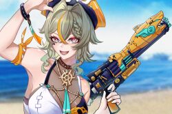 1girl armband armpits beach bikini blue_sky blurry blurry_background breasts brown_hair chinese_commentary cleavage commentary_request grey_eyes hair_intakes hat highres holding holding_water_gun honkai_(series) honkai_impact_3rd large_breasts looking_at_viewer m78_zaitaoaotezhanshi medium_hair multicolored_bikini multicolored_hair ocean official_alternate_costume open_mouth orange_armband orange_hair pirate_hat sand see-through_cleavage see-through_clothes sky solo streaked_hair swimsuit two-tone_bikini two-tone_hair vill-v vill-v_(i&#039;m_the_storm) water_gun