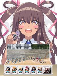 1girl 6+others :o absurdly_long_hair artist_name bare_legs blush blush_stickers bow bowtie brown_hair copyright_name dark-skinned_female dark_skin female_focus fingernails full_body hair_ribbon happy lilith-soft long_hair long_twintails looking_at_viewer mizuki_yukikaze multiple_others official_art photo_(object) pink_eyes promotional_art ribbon school_uniform shiny_skin shirt shoes simple_background smile solo standing star-shaped_pupils star_(symbol) symbol-shaped_pupils taimanin_(series) taimanin_rpgx taimanin_yukikaze teeth thighhighs twintails two_side_up upper_teeth_only very_long_hair white_shirt white_thighhighs wide_hips