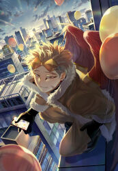 1boy absurdres balloon black_boots black_gloves black_shirt blonde_hair blue_sky boku_no_hero_academia boots bui_(buupopopopopo) building buttons cellphone city cityscape cloud commentary_request earrings facial_hair facial_scar feathered_wings forked_eyebrows from_side full_body fur-trimmed_jacket fur_trim gloves goatee_stubble goggles goggles_on_head gradient_sky grin hand_in_pocket hawks_(boku_no_hero_academia) high_collar highres holding holding_phone jacket jewelry ledge light_rays long_sleeves looking_at_viewer looking_to_the_side male_focus mark_under_eye morning nihonnneko on_roof open_clothes open_jacket outdoors pants phone red_wings rooftop scar scar_on_cheek scar_on_face scar_on_neck shirt short_hair sideburns_stubble sky skyscraper slit_pupils smartphone smile solo sparse_stubble spiked_hair squatting stubble stud_earrings sun sunbeam sunlight sunrise tinted_eyewear wings yellow-tinted_eyewear yellow_eyes yellow_jacket yellow_pants yellow_sky