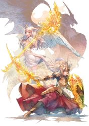 2girls animal_ears armor armored_boots warrior_of_light_(ff14) boots breasts cat_ears cat_tail commission dragon dress facial_mark feathered_wings fictional_persona final_fantasy final_fantasy_xiv gauntlets glowing glowing_weapon grey_eyes hairband highres holding holding_polearm holding_shield holding_sword holding_weapon long_hair medium_breasts miqo&#039;te multiple_girls on_one_knee plate_armor polearm shield shukei skeb_commission smile sword symbol-only_commentary tail thighhighs weapon whisker_markings white_dress white_hair wings