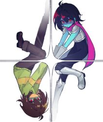 2others androgynous antenna_hair armor blue_skin breastplate brown_hair brown_pants cape colored_skin deltarune deltarunelv dual_persona full_body greaves green_sweater highres kris_(deltarune) looking_at_viewer multiple_others other_focus pants pauldrons pink_cape red_eyes rotational_symmetry shaded_face shoes short_hair shoulder_armor simple_background sweater white_background