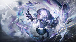 1girl arcaea black_dress black_gloves black_pantyhose bow dress earrings empty_eyes from_above full_body game_cg gloves hair_between_eyes highres insight_(arcaea) insight_(designant)_(arcaea) jewelry long_sleeves non-web_source pantyhose purple_eyes reaching shirt smile solo white_hair white_shirt
