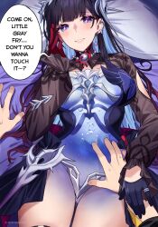 1boy 1girl absurdres black_hair blue_dress blue_hair blush breasts caelus_(honkai:_star_rail) colored_inner_hair commentary dress earrings english_commentary english_text gloves guiding_hand hair_ornament heta highres honkai:_star_rail honkai_(series) hysilens_(honkai:_star_rail) jewelry large_breasts lying multicolored_hair on_back parted_lips purple_eyes purple_gloves see-through_clothes see-through_dress speech_bubble thighs trailblazer_(honkai:_star_rail) two-tone_hair