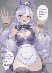 Rule 34 | 1boy, 1girl, ahoge, animal ears, apron, bare shoulders, black thighhighs, blush, breasts, butter spoon, cleavage, commentary, detached sleeves, drill hair, english text, fake animal ears, fingernails, frilled apron, frills, highres, long hair, looking at viewer, lying, medium breasts, nail polish, no panties, on back, on floor, open mouth, out of frame, pointy ears, pov, pov hands, purple hair, purple nails, rabbit ears, red eyes, solo focus, thighhighs, very long hair, vivian banshee, waist apron, white apron, white sleeves, wise (zenless zone zero), zenless zone zero