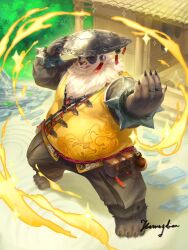 1boy bara barefoot beckoning belly black_fur black_pants bracelet claws closed_mouth colaoaoiacquy commentary english_commentary fat fighting_stance furry furry_male hand_on_headwear highres jewelry looking_at_viewer male_focus multicolored_fur pan_yinhu panda_boy pants plump round_eyewear shirt signature spiked_bracelet spikes tongue tongue_out white_fur wok yellow_shirt zenless_zone_zero