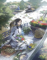 1girl 2others ao_dai bag basket black_hair boat breasts closed_mouth commentary_request dress flower flower_pot food fruit grey_hair hat hat_on_back holding holding_flower_pot holding_pot leaf long_hair looking_at_viewer mat messenger_bag multiple_others original parted_bangs plant pot potted_plant river rowboat seiza shoulder_bag sitting small_breasts water water_lily_flower watercraft white_dress yumeko_(yumeyana_g)