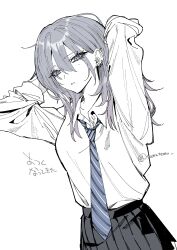 Rule 34 | 1girl, absurdres, black skirt, blue eyes, diagonal-striped clothes, diagonal-striped necktie, grey hair, hair between eyes, highres, kamiyama sumu, long eyelashes, loose necktie, mole, mole under eye, necktie, original, pleated skirt, shirt, sketch, skirt, solo, striped clothes, translation request, twitter username, white background, white hair, white shirt