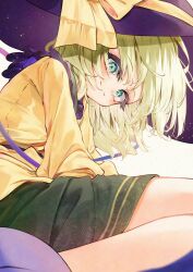 Rule 34 | 1girl, black hat, blouse, calpis118, closed mouth, feet out of frame, floral print, from side, green eyes, green hair, green skirt, hat, hat ribbon, highres, koishi day, komeiji koishi, long sleeves, looking at viewer, medium hair, print skirt, ribbon, rose print, shirt, skirt, smile, solo, third eye, touhou, watermark, yellow ribbon, yellow shirt