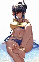 Rule 34 | 1girl, absurdres, alternate costume, alternate hairstyle, asymmetrical horns, barefoot, bikini, black hair, blue hair, brazilian flag, brazilian flag print, brazilian miku, brazilian miku (cosplay), breasts, colored inner hair, cosplay, demon horns, feet, flag print, foot focus, hatsune miku, highres, hololive, hololive english, horns, keisea, large breasts, long hair, mole, mole under eye, multicolored hair, nail polish, navel, nerissa ravencroft, red eyes, shirt, stomach, swimsuit, tan, underboob, virtual youtuber, yellow shirt