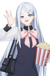 1girl absurdres bag black_bag black_dress blue_eyes bow bucket commentary dress food grey_hair hair_ornament hairclip highres holding holding_bucket long_hair long_sleeves open_mouth pink_bow popcorn project_sekai see-through_clothes see-through_sleeves shoulder_bag simple_background smile solo symbol-only_commentary very_long_hair waving white_background yato_kamo yoisaki_kanade