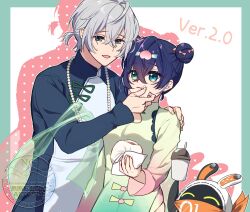 1boy 1girl bangboo_(zenless_zone_zero) belle_(zenless_zone_zero) blue_eyes brother_and_sister chinese_clothes double_bun eous_(zenless_zone_zero) food food-themed_hair_ornament food_on_face green_eyes hair_between_eyes hair_bun hair_ornament highres jewelry necklace official_alternate_costume ofuton_tamago pearl_necklace ponytail short_hair short_ponytail siblings smile steamed_bun upper_body white_hair wise_(zenless_zone_zero) zenless_zone_zero