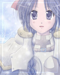 Rule 34 | 1girl, blue background, blue hair, blush, boobplate, braid, breastplate, commentary request, crusader (ragnarok online), dated commentary, hair over shoulder, long hair, looking at viewer, lowres, open mouth, purple eyes, ragnarok online, sharari, side braid, single braid, smile, solo, upper body