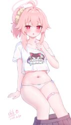 1girl absurdres ahoge animal_print black_skirt blue_archive candy cat_print clothes_pull food hair_bun hair_ornament hair_scrunchie halo highres holding holding_candy holding_food holding_lollipop loli lollipop long_hair looking_at_viewer natsu_(band)_(blue_archive) natsu_(blue_archive) navel off_shoulder official_alternate_hairstyle official_art open_mouth panties pink_hair pink_halo red_eyes scrunchie shirt short_sleeves sichuan_luo_li single_side_bun skirt skirt_pull solo stomach t-shirt thigh_strap underwear white_panties white_shirt yellow_scrunchie