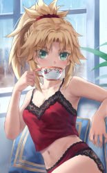 1girl bare_shoulders blonde_hair braid breasts camisole collarbone cup drinking fate/apocrypha fate_(series) green_eyes half_up_braid highres lace_trim long_hair looking_at_viewer midriff mordred_(fate) mordred_(fate/apocrypha) navel panties parted_bangs ponytail red_camisole red_panties sidelocks small_breasts solo teacup tonee underwear underwear_only