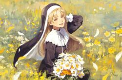 1girl black_dress blonde_hair blunt_bangs bouquet capelet dress flower grin hashtag-only_commentary holding holding_bouquet jomidraws long_hair looking_at_viewer meadow nijisanji nun orange_flower parted_bangs sidelocks sister_claire sister_claire_(1st_costume) sitting smile solo traditional_nun virtual_youtuber white_capelet white_flower wrist_cuffs yellow_eyes yellow_flower