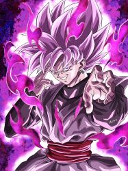 1boy aura black_shirt cowboy_shot dougi dragon_ball dragon_ball_super earrings finger_on_forehead goku_black grey_tunic highres instant_transmission jewelry looking_at_viewer male_focus medium_hair potara_earrings purple_eyes purple_hair red_sash sash shirt smirk solo spiked_hair teeth tunic yamuchasiyagatte
