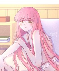 Rule 34 | 1girl, bare arms, bare shoulders, blunt bangs, book, bookshelf, bra, couch, cowboy shot, cross-laced bra, dated, expressionless, eyelashes, frilled bra, frills, hand on own arm, highres, ho cong, lace, lace-trimmed bra, lace trim, light blush, lips, long hair, long sidelocks, looking at viewer, midriff, nikki (nikki), nikki (series), on couch, panties, parted lips, pink bra, pink hair, pink lips, pink panties, pointy nose, polka dot, polka dot bra, shining nikki, sidelocks, signature, sitting, solo, straight hair, underwear, upper body, very long hair, yellow eyes