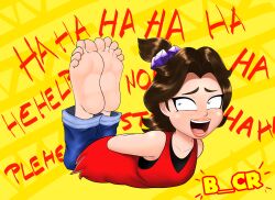 1girl aged_down arms_behind_back artist_request baggy_pants bare_shoulders barefoot blue_eyes bracelet brown_hair child collarbone constricted_pupils curtained_hair denim donkey_kong_(series) donkey_kong_bananza english_text eyelashes feet feet_together female_focus flat_chest foot_up freckles full_body greek_toe hair_intakes hair_ornament highres jeans jewelry laughing legs_together lips looking_back lying medium_hair neck nintendo on_stomach open_mouth pants pants_rolled_up parted_bangs pauline_(mario) red_shirt shirt side_ponytail sidelocks sleeveless sleeveless_shirt thick_eyebrows tickle_torture tickling tickling_feet toes topknot undershirt yellow_background