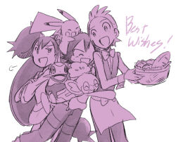 1girl 2boys apron ash_ketchum axew basket bow bowtie bread cilan_(pokemon) creatures_(company) crossed_arms food game_freak gen_1_pokemon gen_5_pokemon holding iris_(pokemon) looking_back multiple_boys nintendo open_mouth pansage pikachu pokemon pokemon_(anime) pokemon_(creature) pokemon_bw_(anime) simple_background smile standing teppo white_background