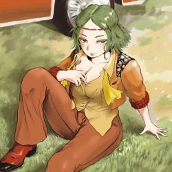 1girl alternate_costume alternate_hairstyle ascot blush breasts car cleavage closed_mouth collared_shirt colored_eyelashes commentary_request foot_out_of_frame grass green_hair hippie kazami_yuuka large_breasts looking_at_viewer motor_vehicle on_ground open_clothes open_shirt open_vest orange_pants orange_vest pants parted_bangs red_eyes red_shoes shirt shoes short_hair solo sukkiri_place touhou undone_ascot vest wavy_hair yellow_ascot yellow_shirt