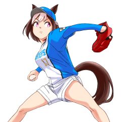 Rule 34 | 1girl, absurdres, animal ears, ball, baseball, baseball (object), baseball cap, baseball glove, baseball uniform, blue hat, blue shirt, brown hair, closed mouth, feet out of frame, from side, hat, highres, hokkaido nippon-ham fighters, holding, holding ball, horse ears, horse girl, horse tail, looking to the side, multicolored hair, nippon professional baseball, pitching, playing sports, purple eyes, serious, shirt, shirt under shirt, short hair, shorts, simple background, solo, special week (umamusume), sportswear, tail, tori no teriyaki, two-tone hair, umamusume, v-shaped eyebrows, white background, white hair, white shorts