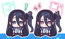 Rule 34 | !, 2girls, :&lt;, absurdly long hair, aqua halo, aris (blue archive), black hair, black hairband, black skirt, blue archive, blue eyes, blue necktie, chibi, chibi only, commentary request, full body, hairband, halo, jacket, kei (blue archive), long hair, looking at viewer, multiple girls, necktie, one side up, pleated skirt, red eyes, red halo, shirt, skirt, v-shaped eyebrows, very long hair, white background, white jacket, white shirt, yoru nai
