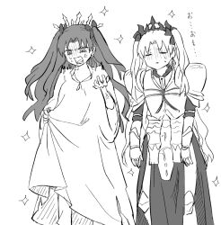 2girls anger_vein armor clothes_grab commentary_request cosplay earrings enkidu_(fate) enkidu_(fate)_(cosplay) ereshkigal_(fate) fate/grand_order fate_(series) gauntlets gilgamesh_(fate) gilgamesh_(fate)_(cosplay) greyscale himeko_(nico6v6pachi) ishtar_(fate) jewelry monochrome multiple_girls robe sparkle tiara translation_request two_side_up