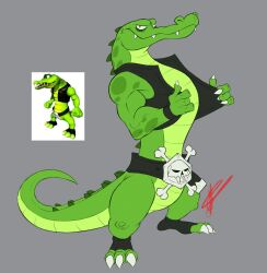 1boy black_vest claws colored_skin donkey_kong_(series) donkey_kong_64 green_skin grey_background highres kremling ladscruffy looking_at_viewer nintendo open_clothes open_vest reference_inset reptile_boy signature simple_background skull_belt solo tail vest