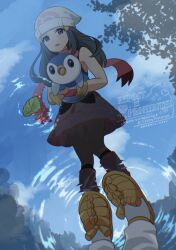 1girl akari_(pokemon) beanie black_hair blue_eyes blue_hair blush boots breasts dawn_(pokemon) gen_4_pokemon hair_ornament hairclip hat holding leaf long_hair mizuiro123 nintendo open_mouth pink_boots pink_skirt piplup pokemon pokemon_(creature) pokemon_dppt red_scarf reflection scarf shirt skirt sleeveless solo water white_hat
