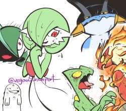 anger_vein angry black_eyes blaziken blue_eyes claws closed_mouth colored_sclera creatures_(company) fire gallade game_freak gardevoir gen_2_pokemon gen_3_pokemon gen_4_pokemon highres looking_at_another looking_at_viewer multiple_boys nintendo orange_sclera pokemon pokemon_(creature) quagsire sceptile serious shaded_face simple_background spikes standing swampert sweat trembling twitter_username veganswampert yellow_sclera