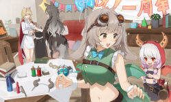 4girls ahoge animal_ears auui ayishah_(sword_of_convallaria) balloon belt black_cloak black_skirt black_tube_top blue_bow blue_bowtie book bottle bow bowtie brown_belt brown_eyes chest_belt cloak clothes_hanger cocoa_(sword_of_convallaria) collarbone collared_shirt comb commentary_request crop_top cropped_shirt dress eye_mask fang fluffy_hair frilled_sleeves frills gift glass_jar goggles goggles_on_head gradient_hair green_shirt grey_hair hair_over_shoulder hands_up highres holding holding_unworn_clothes holding_unworn_dress hood horn_(instrument) horn_hairband horned_hood horns indoors long_hair long_sleeves low_twintails momo_(sword_of_convallaria) multicolored_hair multiple_girls navel official_art open_mouth pile_of_books pink_hair plant potted_plant red_eyes red_hood rico_(sword_of_convallaria) shirt side_slit skirt sleeveless sleeveless_shirt smile spill stomach strapless sword_of_convallaria table tablecloth tail tube_top twintails unworn_dress v-shaped_eyebrows white_shirt white_skirt wing_collar wings wooden_table wristband