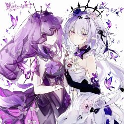 2girls artist_collaboration black_dress black_gloves black_tiara bright_pupils bug butterfly castorice_(honkai:_star_rail) commentary_request cowboy_shot de_1aw detached_collar dress dual_persona elbow_gloves gloves highres honkai:_star_rail honkai_(series) insect interlocked_fingers kino-cands light_frown long_hair looking_at_viewer multiple_girls parted_lips pointy_ears purple_butterfly purple_eyes purple_hair purple_veil simple_background tiara veil white_background white_dress white_gloves white_pupils