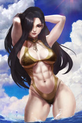 1girl abs absurdres arms_behind_back bikini black_bikini black_eyes black_hair black_lagoon blue_sky breasts cloud cloudy_sky commentary english_commentary hair_over_one_eye highres large_breasts long_hair monori_rogue navel ocean one-piece_swimsuit one_eye_covered shenhua sky smile solo stomach sunlight swimsuit toned toned_female yellow_one-piece_swimsuit