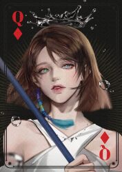 1girl bare_shoulders beads blue_eyes brown_hair detached_sleeves final_fantasy final_fantasy_x green_eyes hair_beads hair_between_eyes hair_ornament heterochromia holding holding_staff looking_at_viewer nontraditional_miko parted_lips queen_(playing_card) queen_of_diamonds s_sohwagi_s shirt short_hair solo staff swept_bangs upper_body water_drop white_shirt yuna_(ff10)