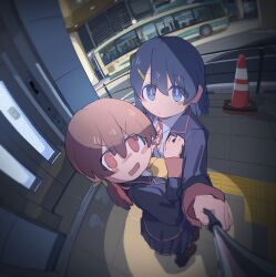 Rule 34 | 2girls, :d, @ @, absurdres, blue eyes, blue hair, blush stickers, brown hair, brown shoes, bus, enosawari, flustered, hair between eyes, hair ornament, hairclip, hands on another&#039;s chest, highres, loafers, long hair, long sleeves, low twintails, motor vehicle, multicolored hair, multiple girls, murosaki miyo, onii-chan wa oshimai!, open mouth, outdoors, pleated skirt, red eyes, red hair, school uniform, selfie, selfie stick, shoes, short hair, skirt, smile, tachikawa aoi, traffic cone, twintails, two-tone hair, yuri