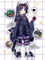 1girl :&lt; ^_^ animal_ears arknights black_hair black_kimono bowl brown_eyes closed_eyes commentary corrupted_twitter_file dog_ears dragon_bubble_(arknights) drop_shadow dusk_(arknights) facial_mark food forehead_mark full_body geta grid_background highres japanese_clothes kimono knee_pads long_hair looking_at_viewer onigiri open_mouth outline parted_bangs rice_bowl saga_(arknights) simple_background smile solo unko_tonjiru white_background