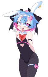 1girl animal_ears breasts fresaswithcrema hatsune_mikuo highres multicolored_hair rabbit_ears rabbit_hole_(vocaloid) short_hair simple_background small_breasts solo trap vocaloid white_background
