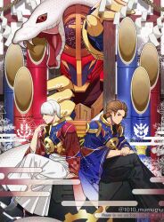 1010_mumumu 3boys absurdres asa_no_ha_(pattern) bamboo banjou_ryuuga brown_hair commentary_request crossed_legs egasumi evolto fangs hair_slicked_back helmet highres japanese_clothes kamen_rider kamen_rider_build_(series) kamen_rider_evol kiryuu_sento looking_at_viewer looking_to_the_side male_focus multiple_boys multiple_persona open_mouth pants possessed profile red_eyes short_hair snake tokusatsu white_hair white_pants white_scales