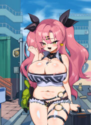 1girl areola_slip arm_at_side bare_shoulders black_ribbon black_shorts blush breasts cleavage cowboy_shot cropped_shirt day earrings eyebrows eyelashes fang female_focus female_pubic_hair garter_belt green_eyes hair_ribbon half-closed_eyes hand_up heart heart-shaped_pupils jewelry large_breasts legs_together long_hair looking_at_viewer mihoyo mole mole_on_breast mole_on_thigh mole_under_eye naughty_face navel nicole_demara open_mouth outdoors pink_hair pubic_hair pubic_hair_peek ribbon shirt short_shorts shorts sleeveless sleeveless_shirt smile smug solo standing symbol-shaped_pupils thigh_strap thighs tongue two_side_up variant_set white_shirt yoma_(mayo) zenless_zone_zero