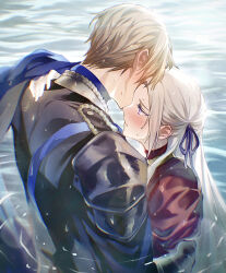 Rule 34 | 1boy, 1girl, arm up, armor, back, blonde hair, blue cape, blush, cape, closed mouth, couple, dated commentary, dimitri alexandre blaiddyd, ear blush, edelgard von hresvelg, fire emblem, fire emblem: three houses, from behind, from side, garreg mach monastery uniform, gloves, hair ribbon, hand on another&#039;s shoulder, heads together, hetero, highres, hug, leaning forward, light particles, long hair, nintendo, parted bangs, purple eyes, purple ribbon, red cape, ribbon, ripples, short hair, side cape, soma otakuu, standing, sunlight, wading, water, wet, wet clothes, white gloves, white hair
