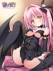 1girl bare_shoulders black_panties black_thighhighs blush breasts bulge covered_erect_nipples demon_girl demon_tail demon_wings detached_sleeves dress erection erection_under_clothes futanari garter_straps highres imari_(zugaikotsu_marudashi) long_hair looking_at_viewer medium_breasts original panties pink_hair pointy_ears sitting solo spread_legs tail thighhighs underwear wings yellow_eyes