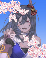 2girls absurdres animal_ears bare_shoulders black_hair blush breasts choker cleavage dark-skinned_female dark_skin ear_ornament fang fingerless_gloves flower gloves hair_between_eyes hair_ornament hairclip highres hishi_amazon_(umamusume) holding_hands horse_ears long_sleeves looking_at_viewer multiple_girls narita_brian_(umamusume) ni_kogori open_mouth out_of_frame red_eyes small_breasts smile umamusume