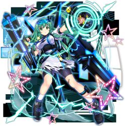 1girl alternate_costume ankle_strap bandaid bandaid_on_leg bike_shorts black_boots black_shorts boots breasts closed_mouth dress flight_pack frog full_body game_cg goggles goggles_on_head green_eyes green_hair gun highres holding holding_gun holding_weapon kochiya_sanae kochiya_sanae_(lunar_war_oracle) large_breasts long_hair looking_at_viewer official_art pouch rotte_(1109) science_fiction short_sleeves shorts socks solo star_(symbol) third-party_source torn_clothes torn_dress torn_sleeves touhou touhou_lostword transparent_background very_long_hair weapon white_socks